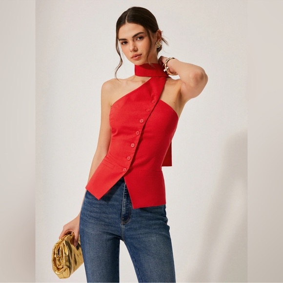 NWT Asymmetrical Red Top With Scarf - Picture 2 of 9